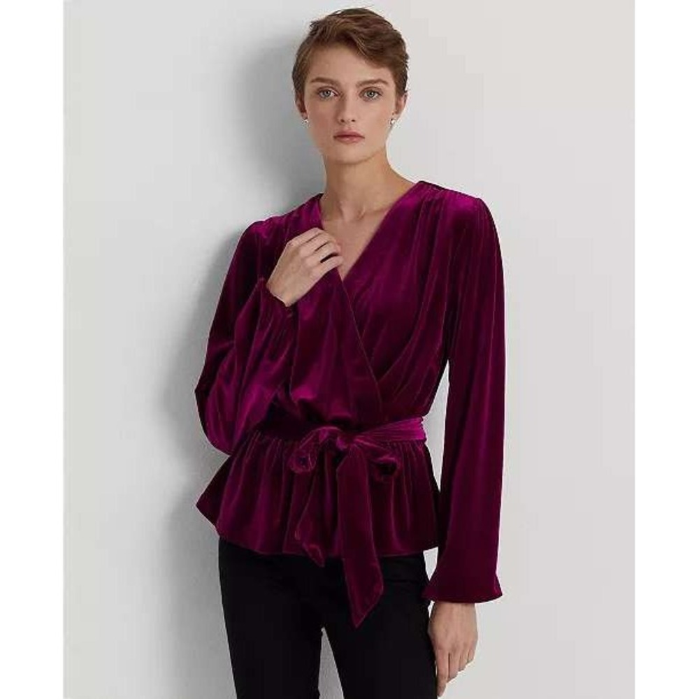 Lauren Ralph Lauren Belted Velvet Peplum Surplice Top Purple Size XL Romantic